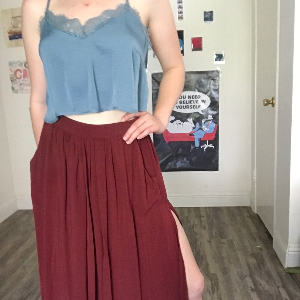 Blue lace top with Maroon Mid-skirt
